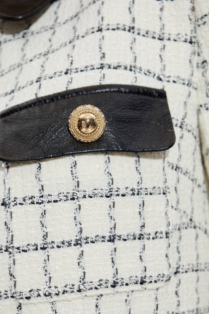 SP Check Boucle Leather Trim Long Sleeve Mini Dress