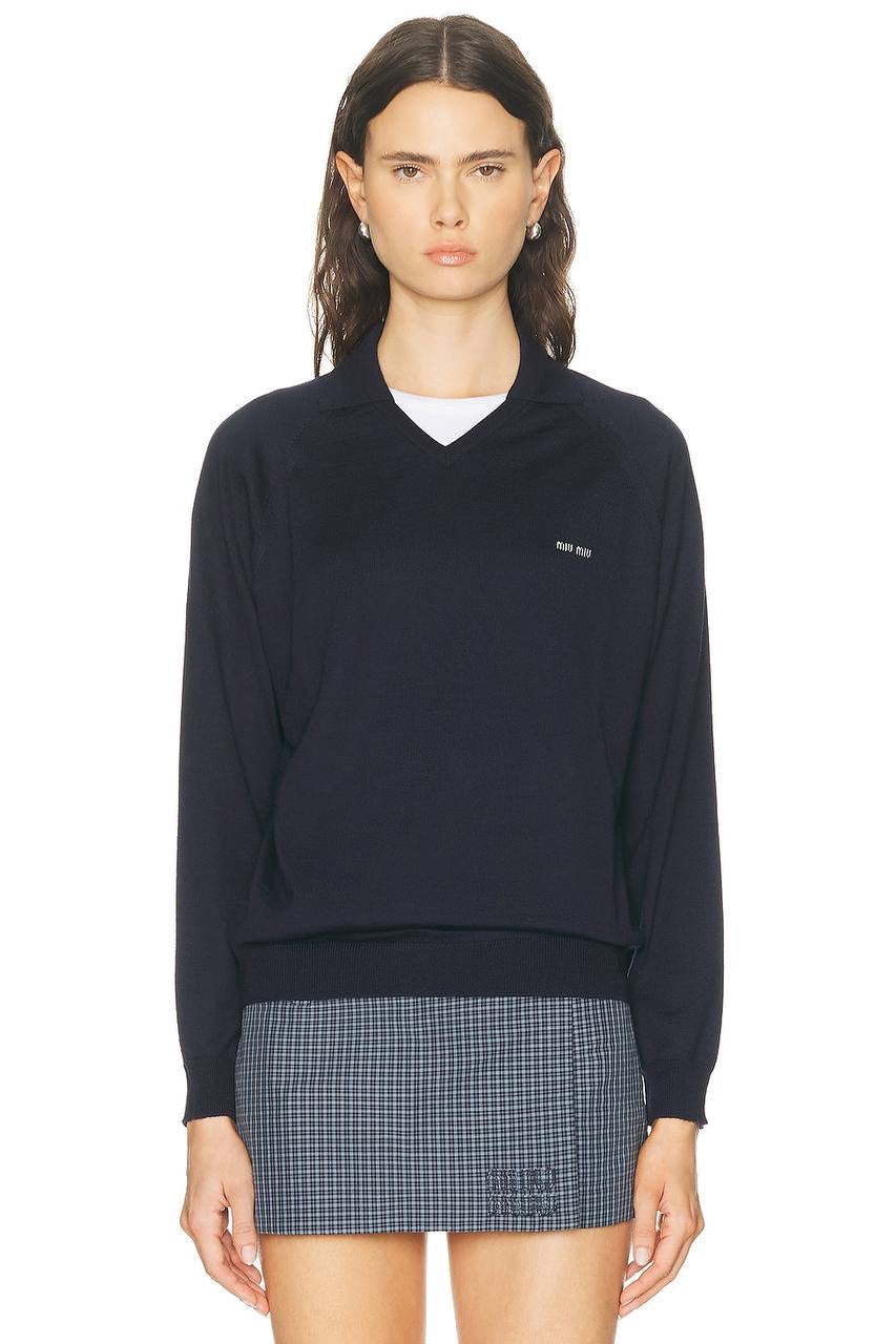 MM Unisex Wool Polo Sweater in Light Grey & Navy Blue