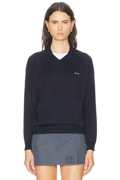 MM Unisex Wool Polo Sweater in Light Grey & Navy Blue