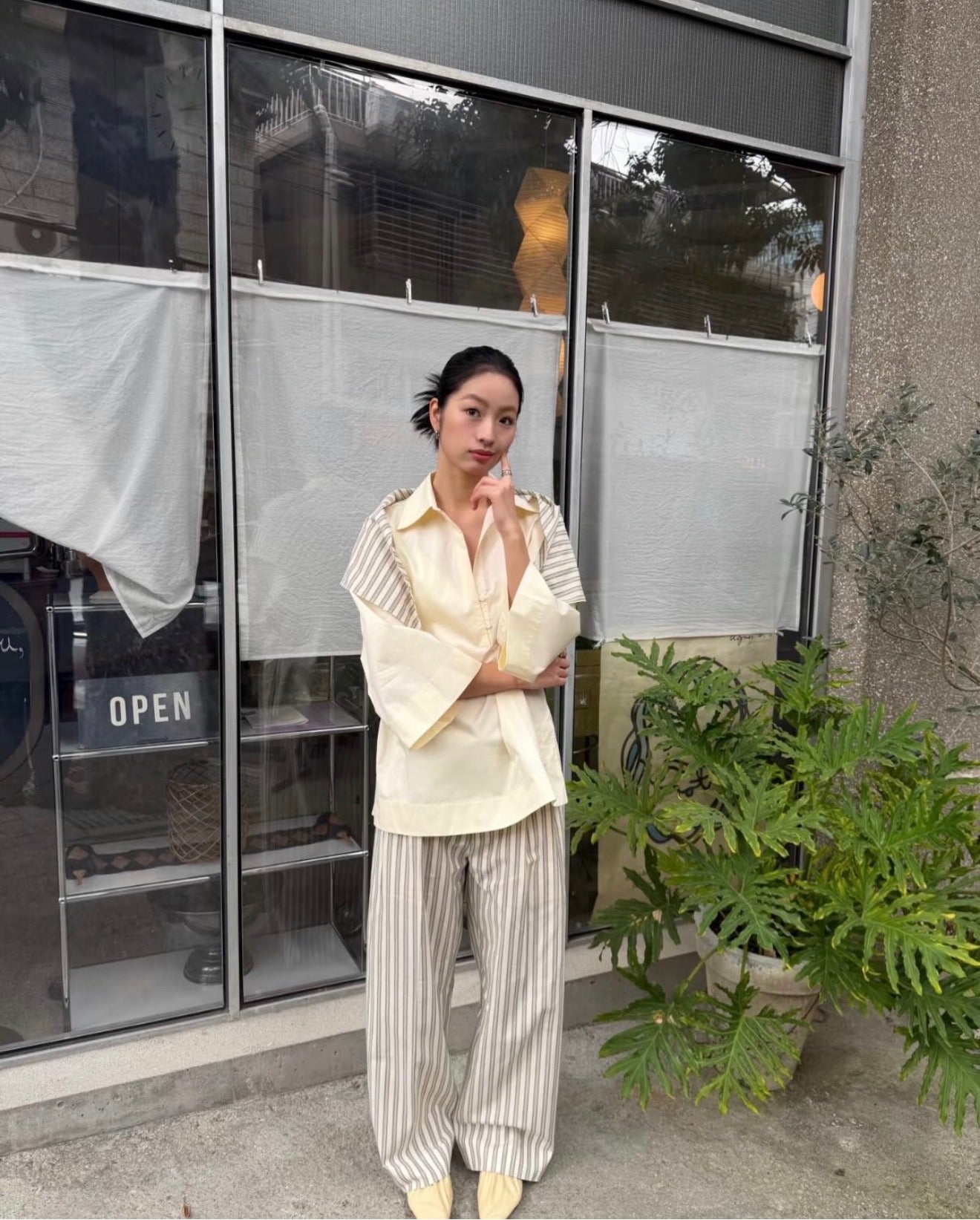 EDI Butter Yellow Stretch-Cotton Shirt w Cotton-silk Scarf