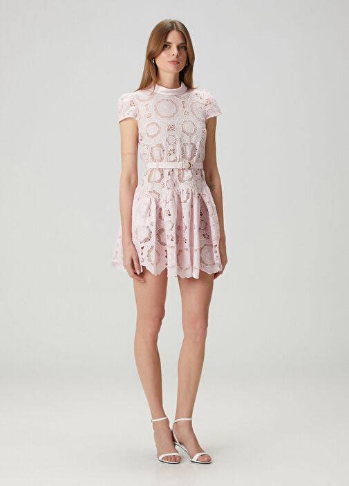 SP Pink Floral Lace Belted Mini Dress