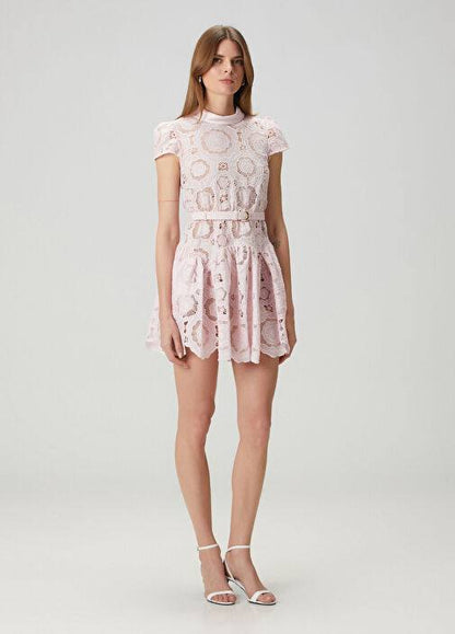 SP Pink Floral Lace Belted Mini Dress