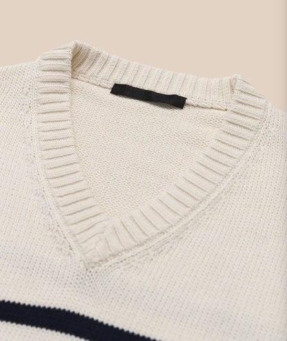 JK Cotton Kate V-Neck Pullover Sweater in Ivory/Navy Stripe