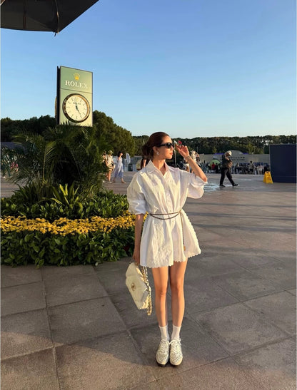 HS The Summer White Overshirt Oversized Shirtdress Shirt | White Shorts w Vintage Swiss Embroidery | Cotton Set