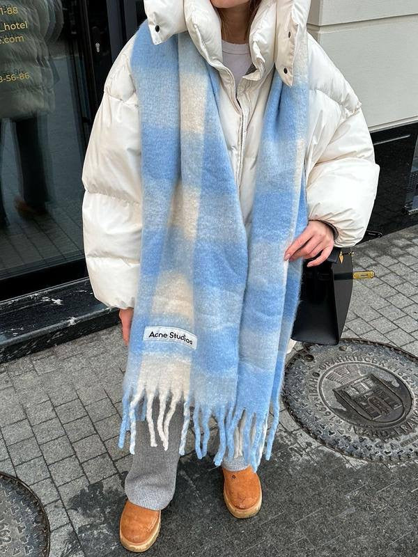 4 Colors! AC Checked Alpaca-Wool-Mohair blend Fringed Scarf