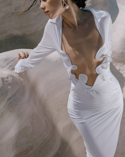 CE Venus Plunge Jersey Molded Cutout Shirt Maxi Dress
