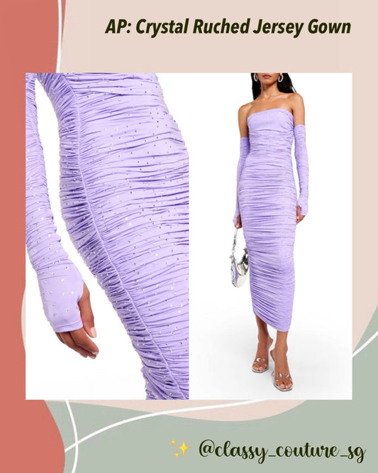 AP Crystal Ruched Jersey Gown with Gloves | Midi Maxi Dress Lilac with Clear Crystals