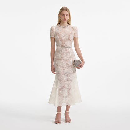 SP Cream Tulle Floral Lace Midi Dress