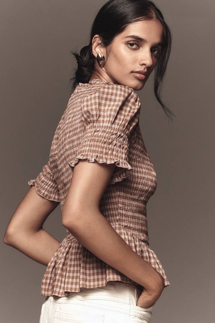 Ref Aggie Puff-Sleeve Smocked Peplum Top