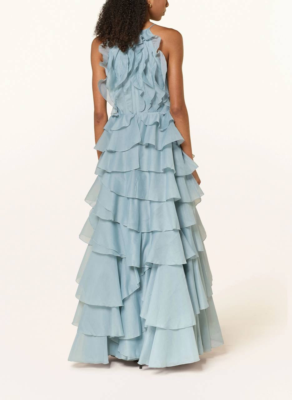 AJ Cleo Ruffle Tiered Organza Keyhole Gown Maxi Dress