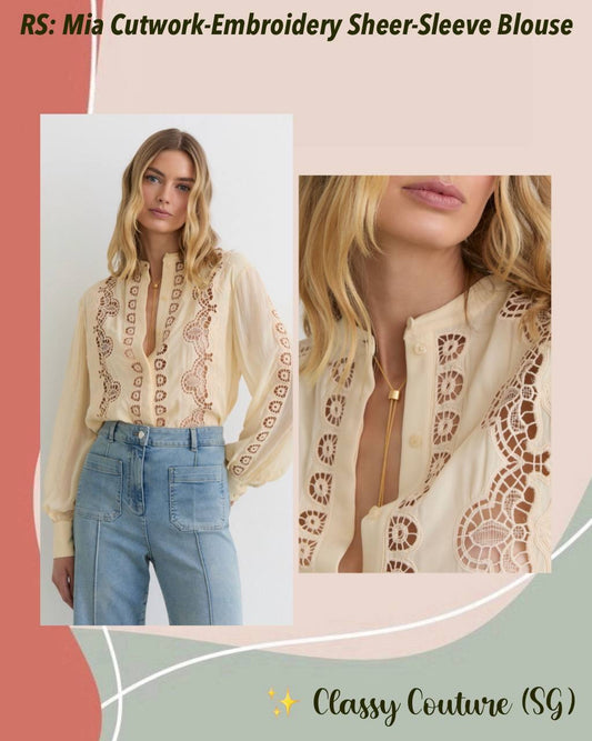 RS Mia Cutwork-Embroidery Sheer-Sleeve Blouse Top