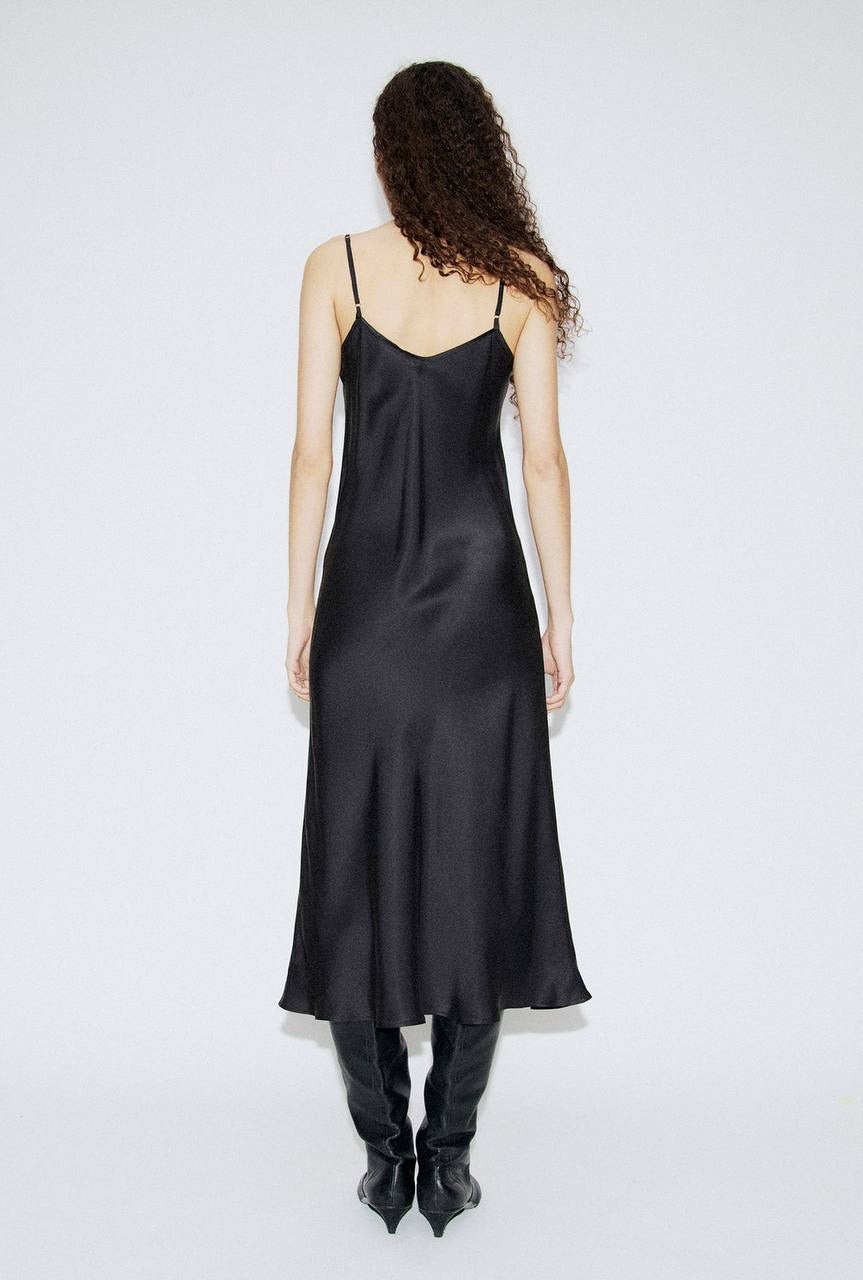 SL 90S Silk Slip Midi Dress in Egret Black Floral
