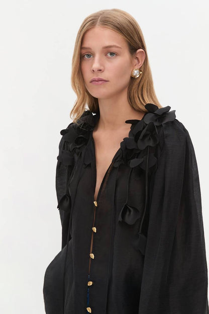AJ Camille 3D Flower Linen-Blend Blouse Top
