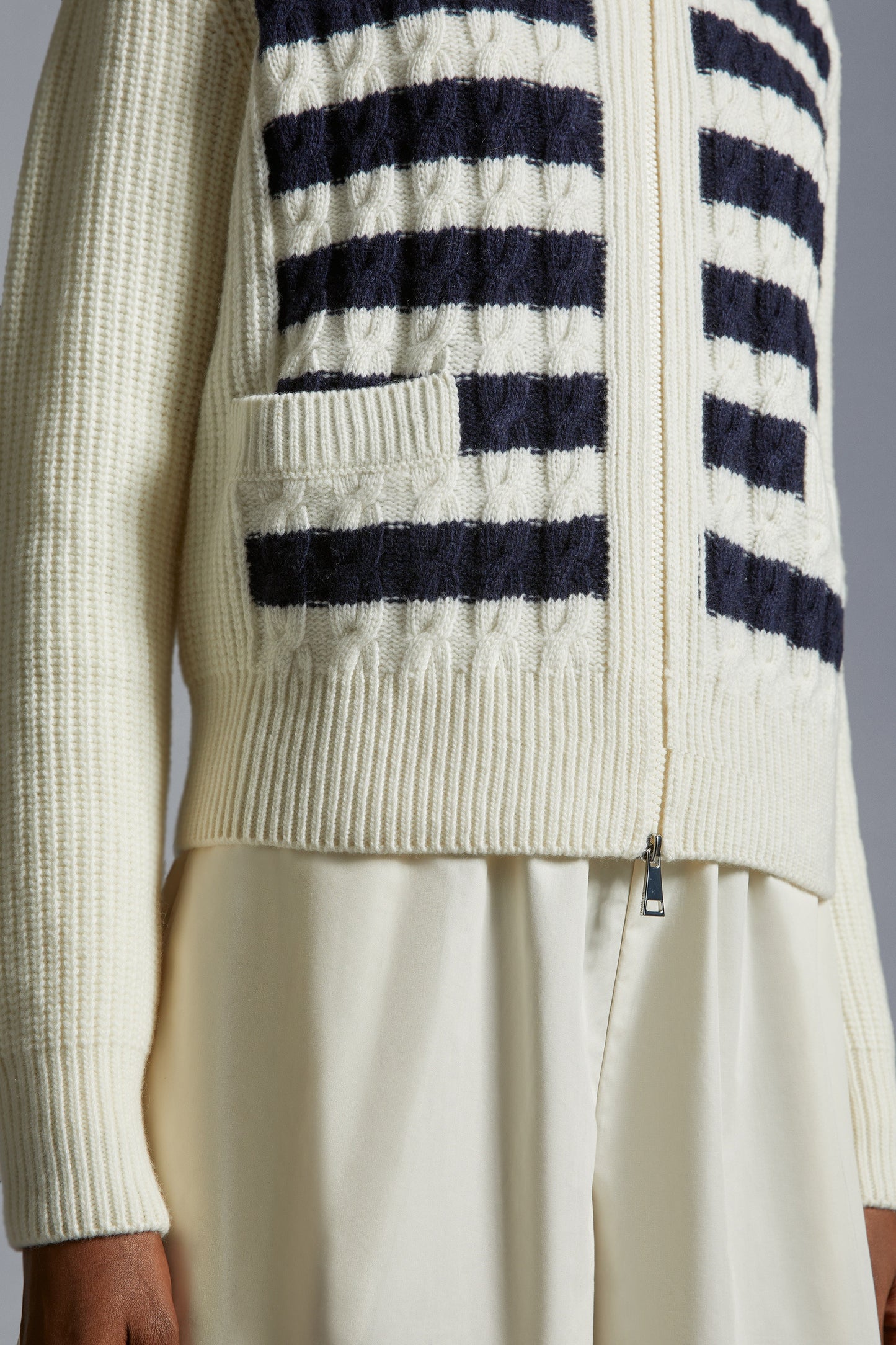 MC Padded Striped Wool Zip Up Cardigan (Partially Down-filled)