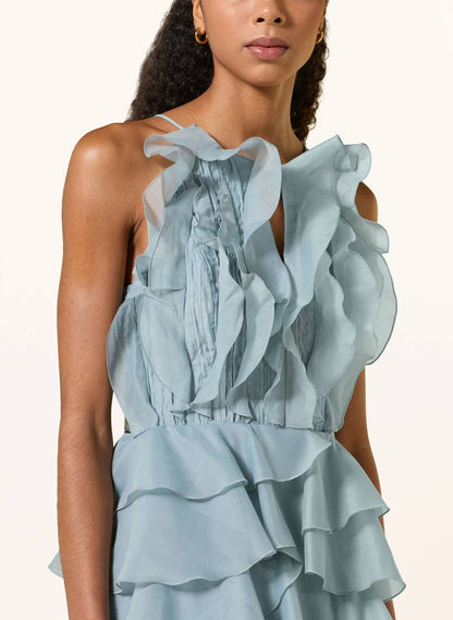 AJ Cleo Ruffle Tiered Organza Keyhole Gown Maxi Dress