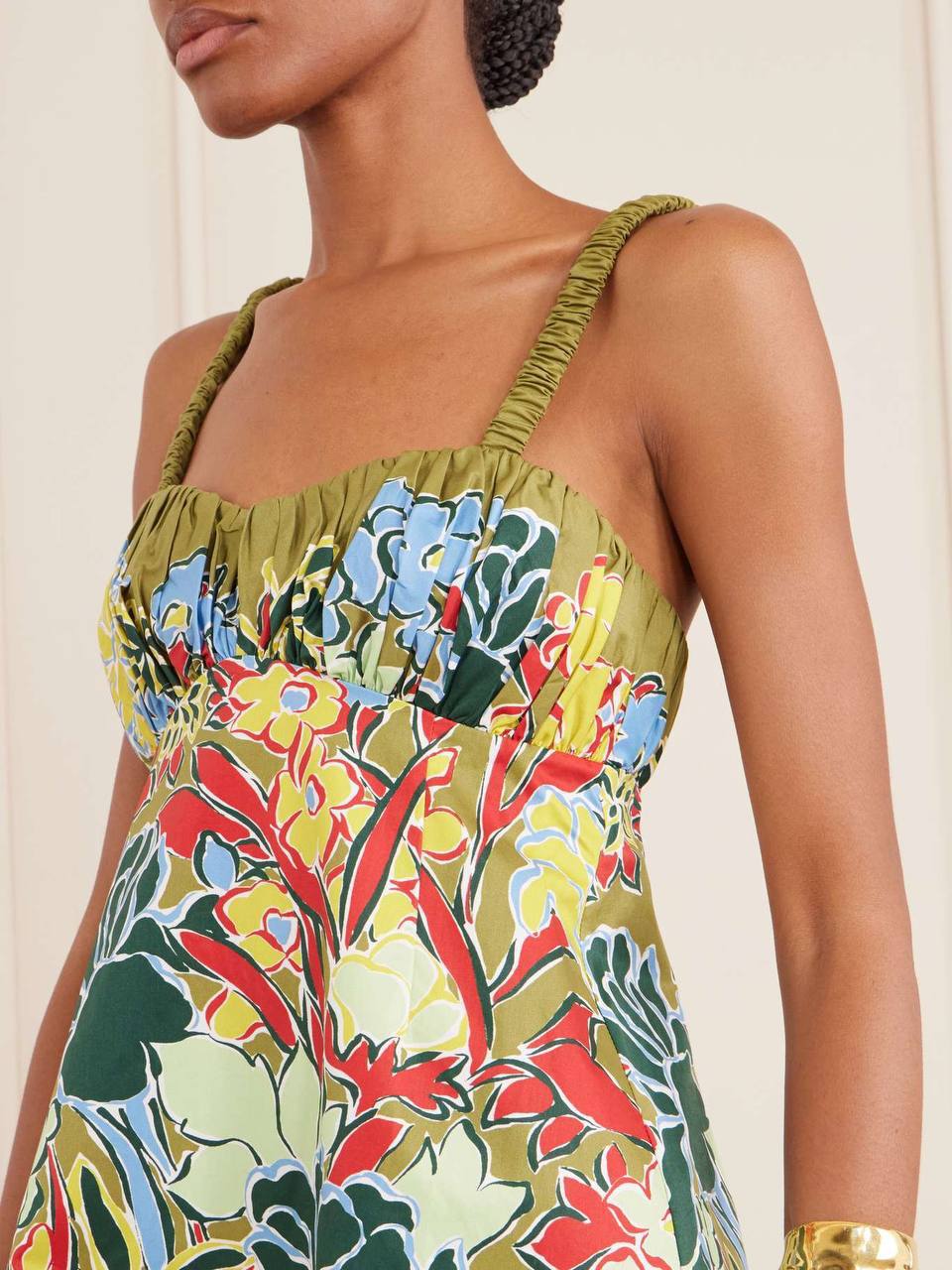 ALM003 Ruched Cotton Bustier Rainbow Floral Mini Dress