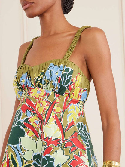 ALM003 Ruched Cotton Bustier Rainbow Floral Mini Dress