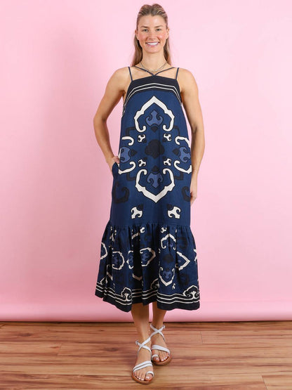 SE Blaise Linen Print Spaghetti Strap Dress