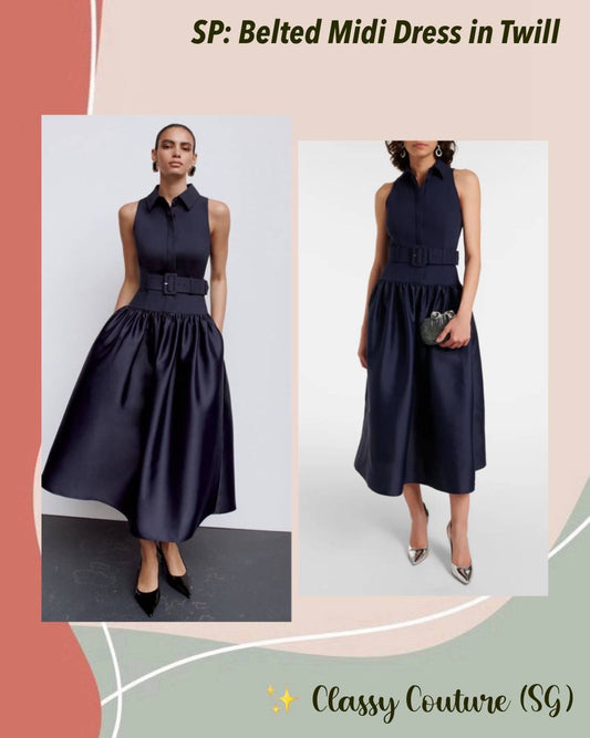 SP Navy Blue Belted Drop Waist Viscose-wool Twill Midi Dress