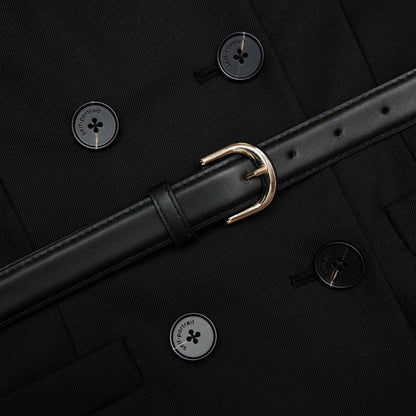 SP Black Wool Crepe Long Sleeve Chiffon Belted Midi Dress