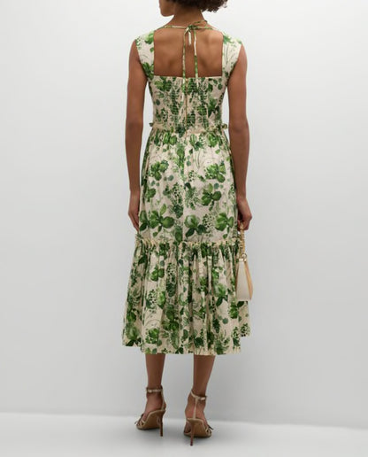 CC Claire Cotton Poplin Midi Dress in Olive Hanging Orchards