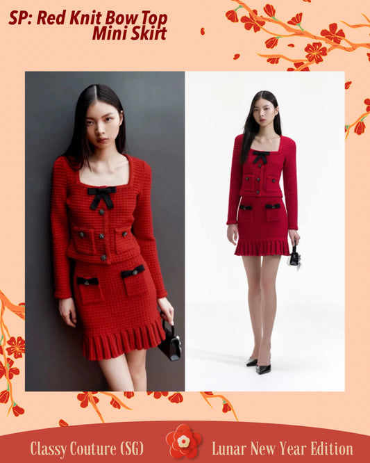 SP Red Knit Bow Top | Mini Skirt | Set