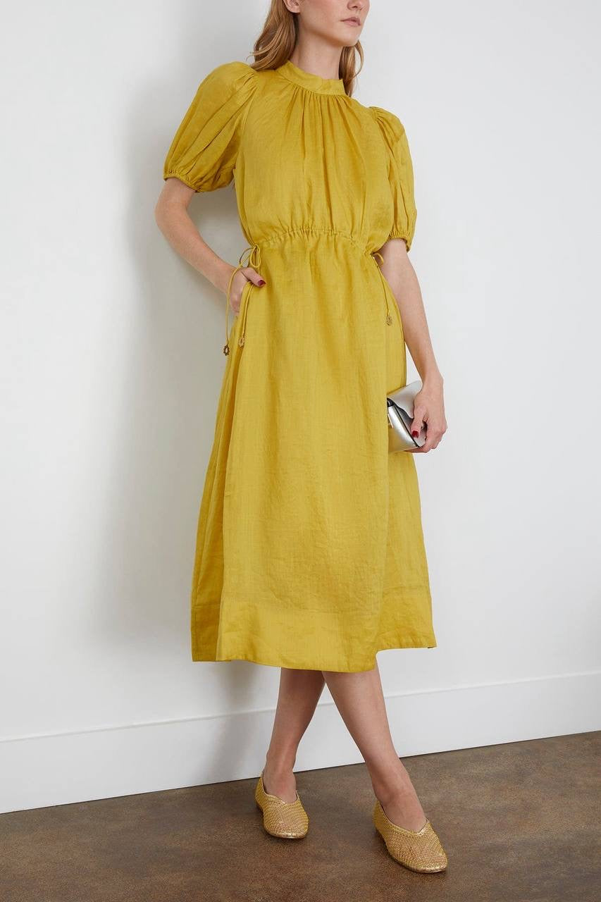 SE Anise S/S Short-Sleeved Ramie Puff Midi Dress (with detachable cotton slip)