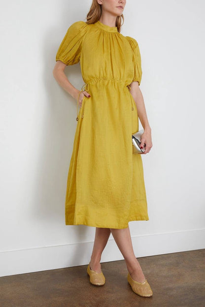 SE Anise S/S Short-Sleeved Ramie Puff Midi Dress (with detachable cotton slip)