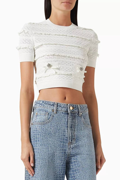 SP White Pointelle Short-Sleeve Sweater Top | Midi Skirt | Set