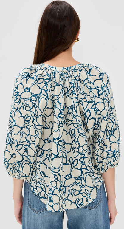AA Mite 3/4 Sleeve Linen Blouse Top in Lace Floral Flax