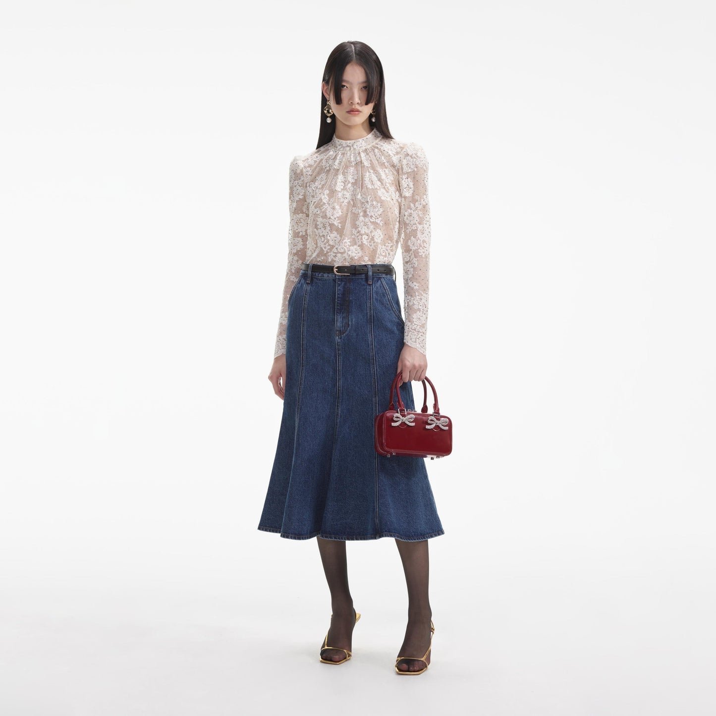 SP Flared Denim Cotton Midi Skirt