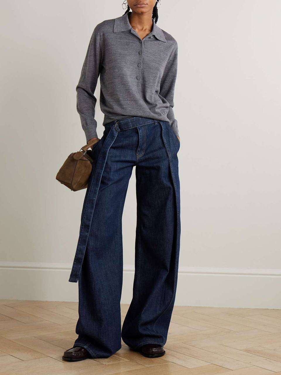 LW Draped Asymmetric Button Shirt | Belted Baggy Pant Jeans | Cotton-blend Denim Set