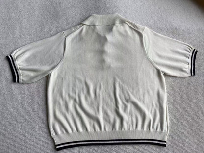 MM White Silk-Cotton Blend Knit Cropped Contrast Polo Shirt