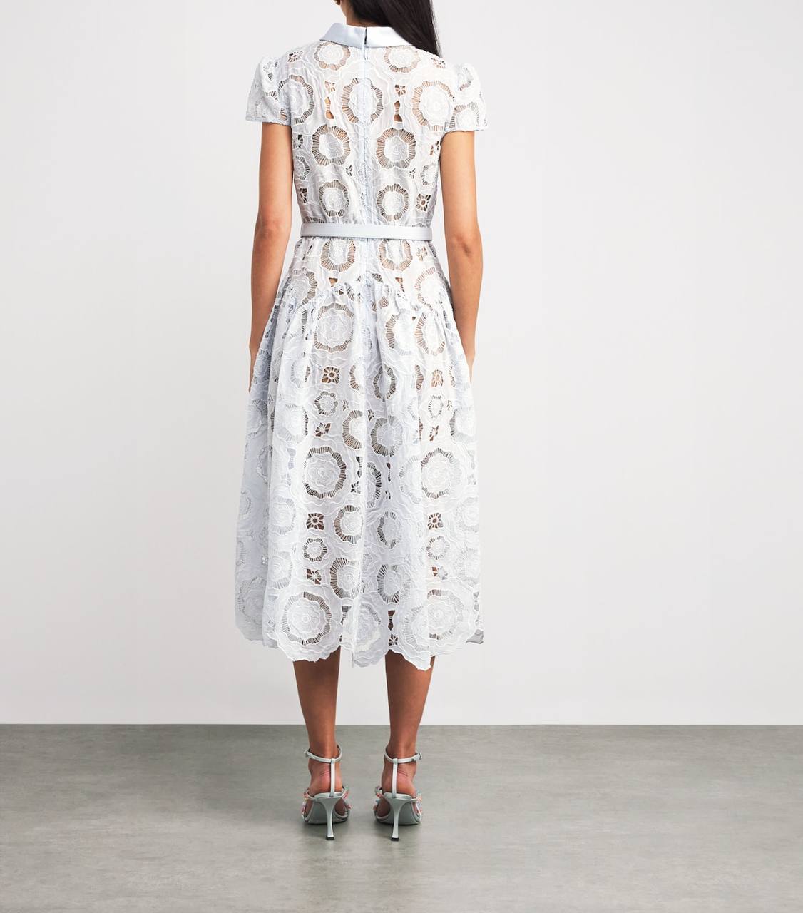 SP Blue Lace Floral Satin Collar Midi Dress
