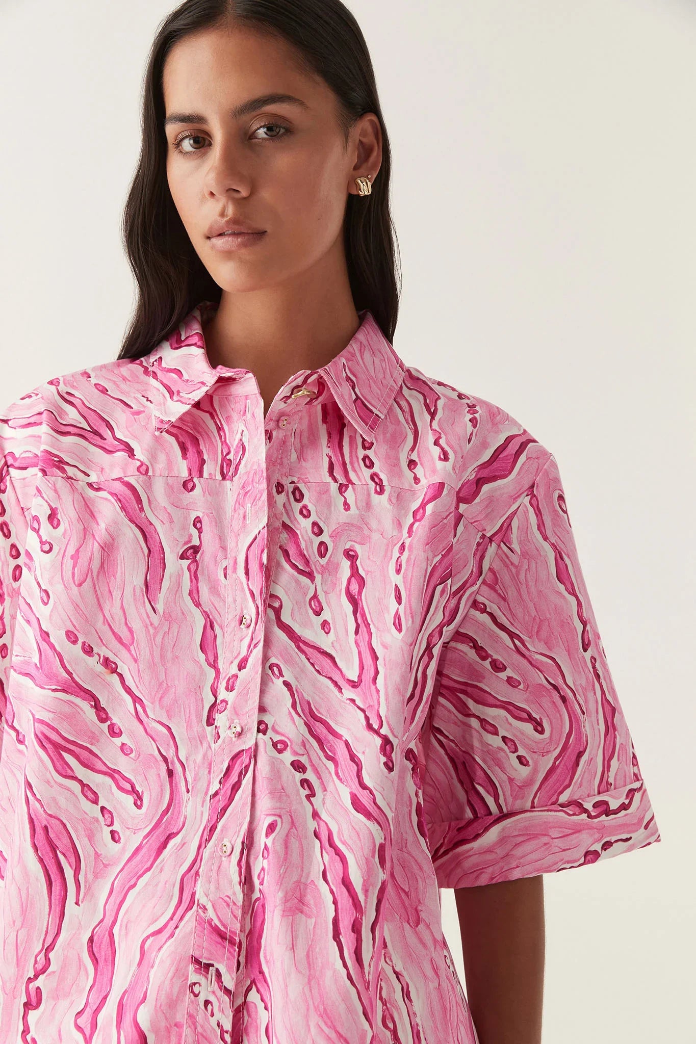 AJ Blaze Stitch Oversized Cotton Shirt in Dappled Flame Pink
