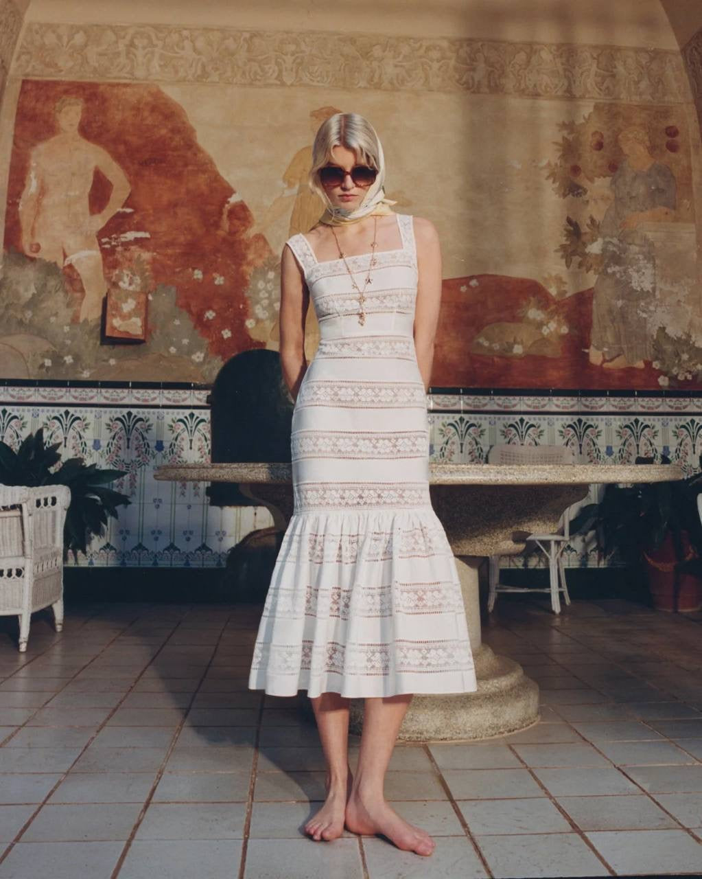 SP White Cotton Embroidered Cotton Flared Mermaid Midi Dress