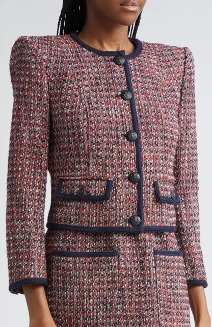 VB Ceres Metallic Tweed Jacket | Ravenna Sleeveless Mini Dress | Set in Red Blaze / Navy Multi