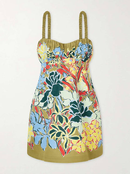 ALM003 Ruched Cotton Bustier Rainbow Floral Mini Dress