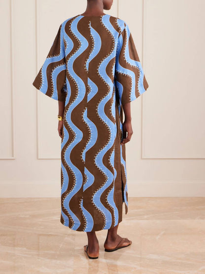 ALM019 Bold Brown/Blue Wave Stitch Tunic Shift Linen Midi Dress