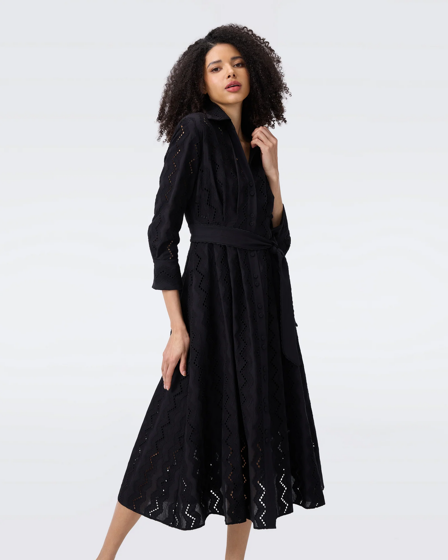 DVF Macy Geometric Embroidery Cotton Shirtdress Midi Dress