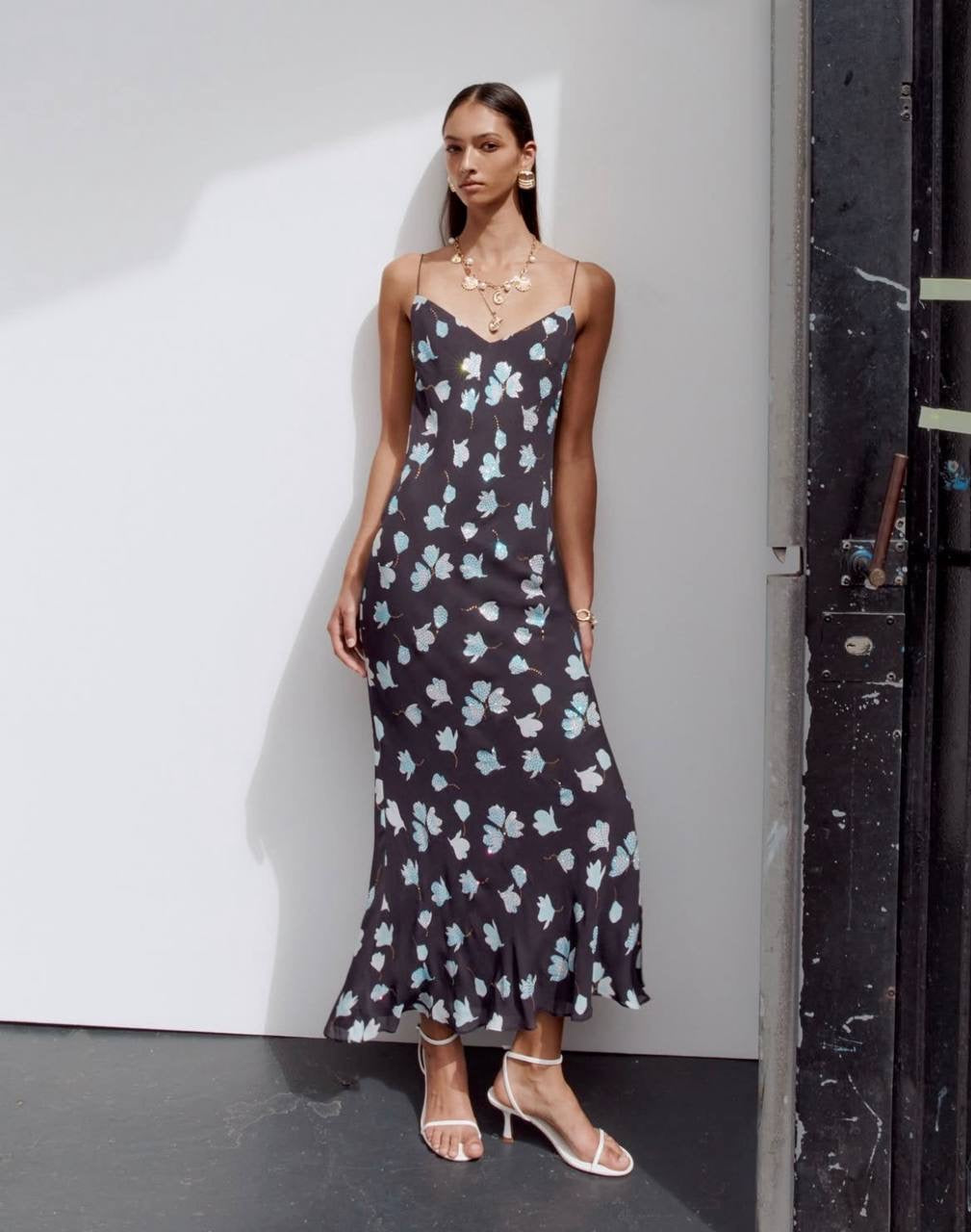 SP Navy Floral Rhinestone Strappy Midi & Maxi Dress
