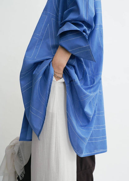Tot Blue Long Summer Cotton-blend Oversized Shirt Shirtdress Mini Dress