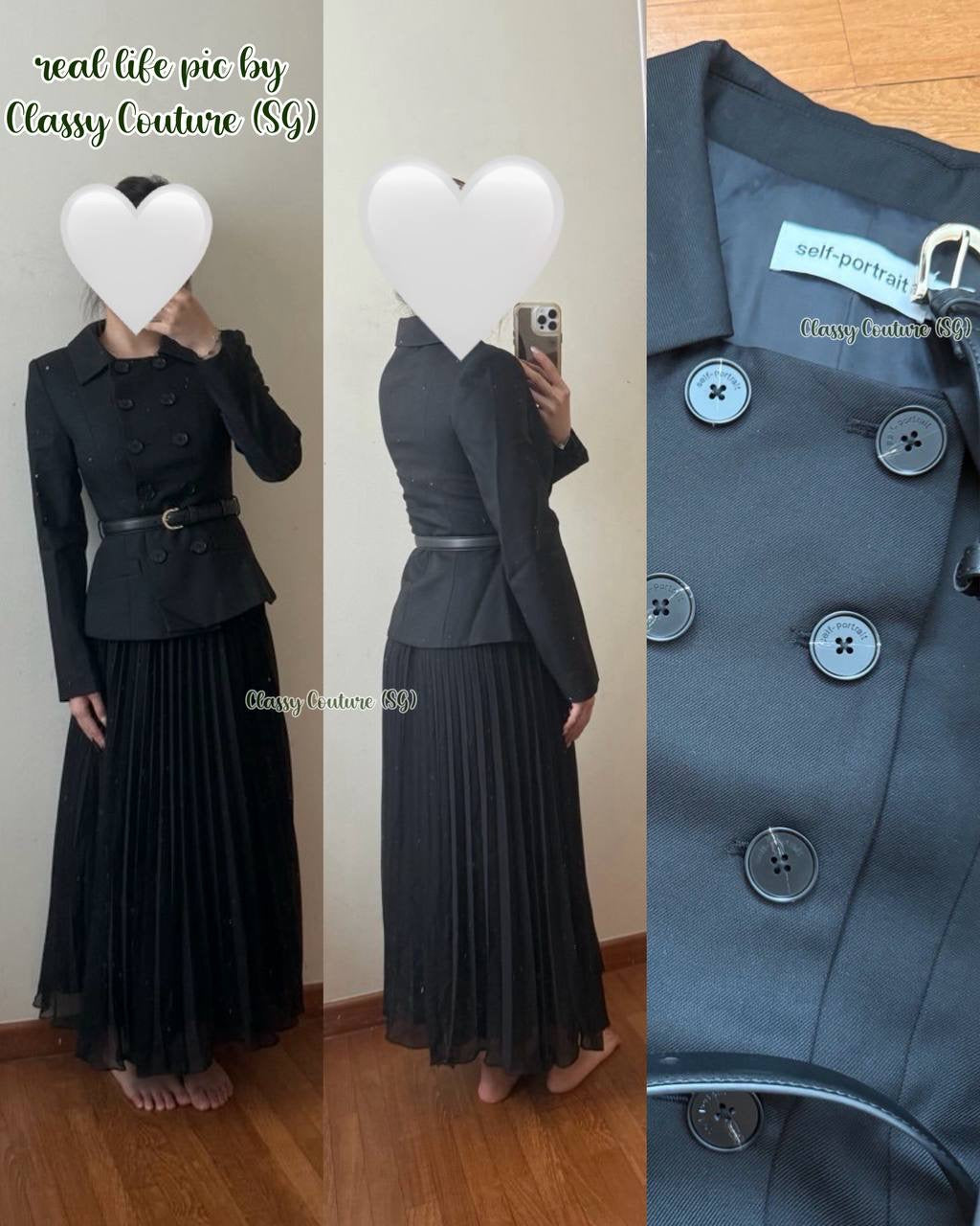 SP Black Wool Crepe Long Sleeve Chiffon Belted Midi Dress