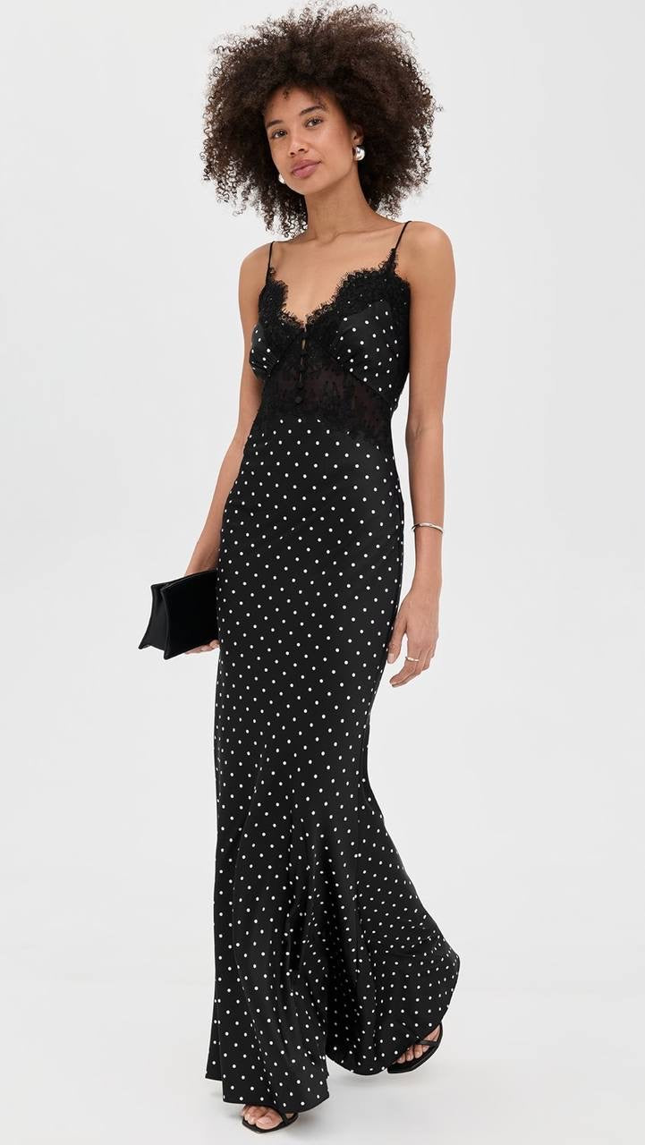 SP Polka Dot Satin Lace Strappy Maxi Dress