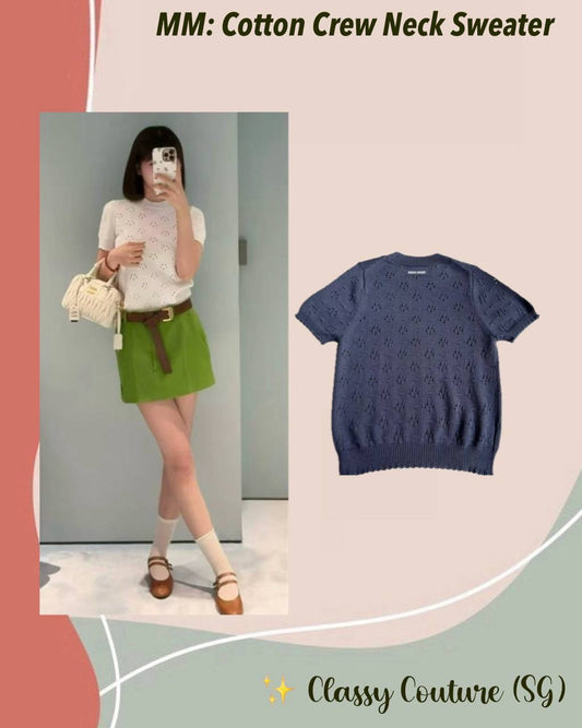 MM Cotton Crew Neck Pointelle Knit Short Sleeve Sweater Top