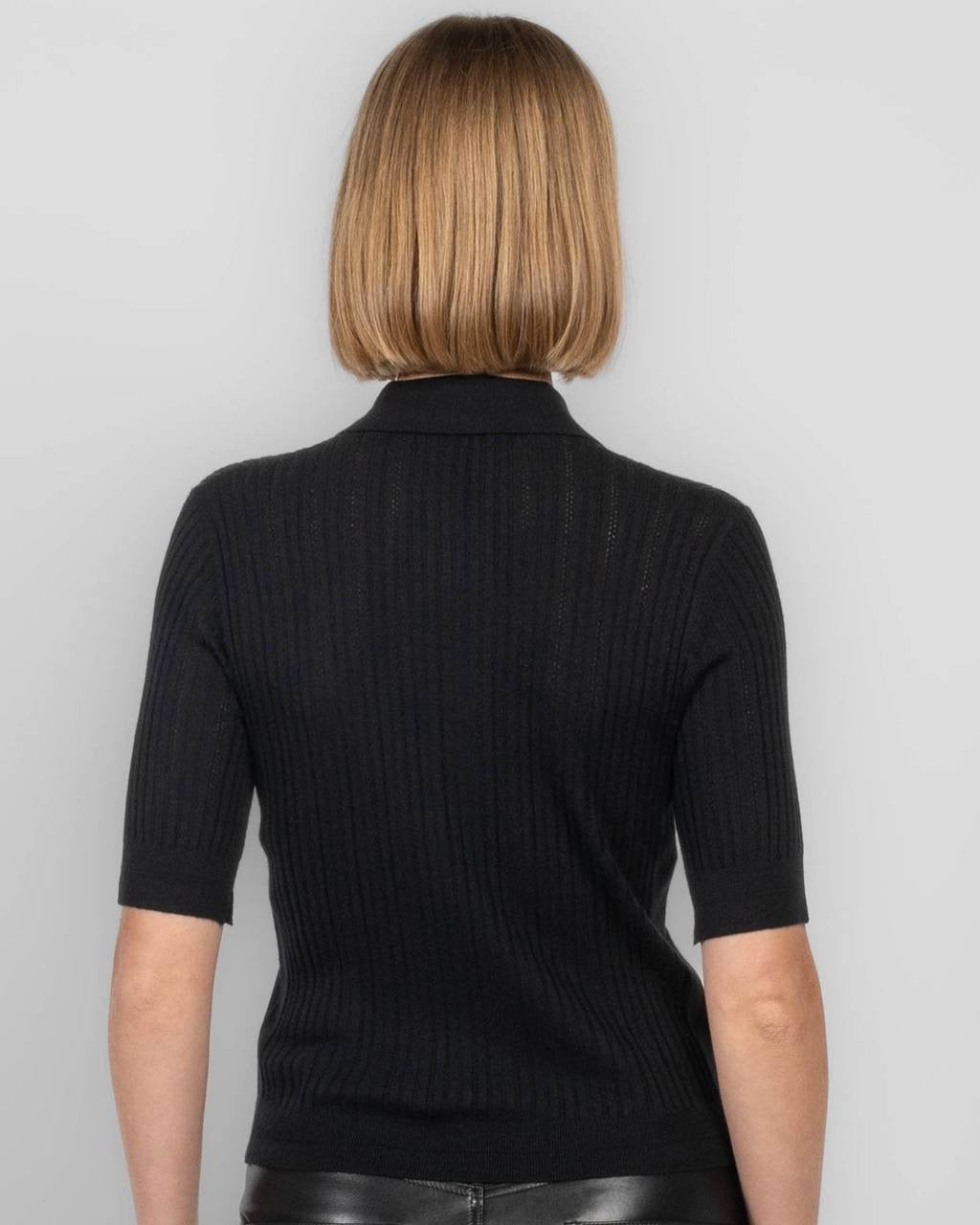 MM Pointelle Shrunken V-Neck Merino Wool Polo Shirt Top