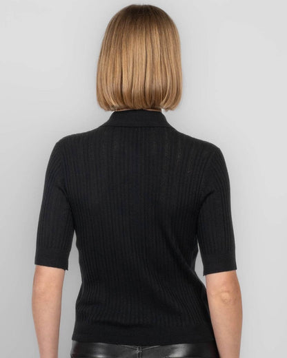 MM Pointelle Shrunken V-Neck Merino Wool Polo Shirt Top
