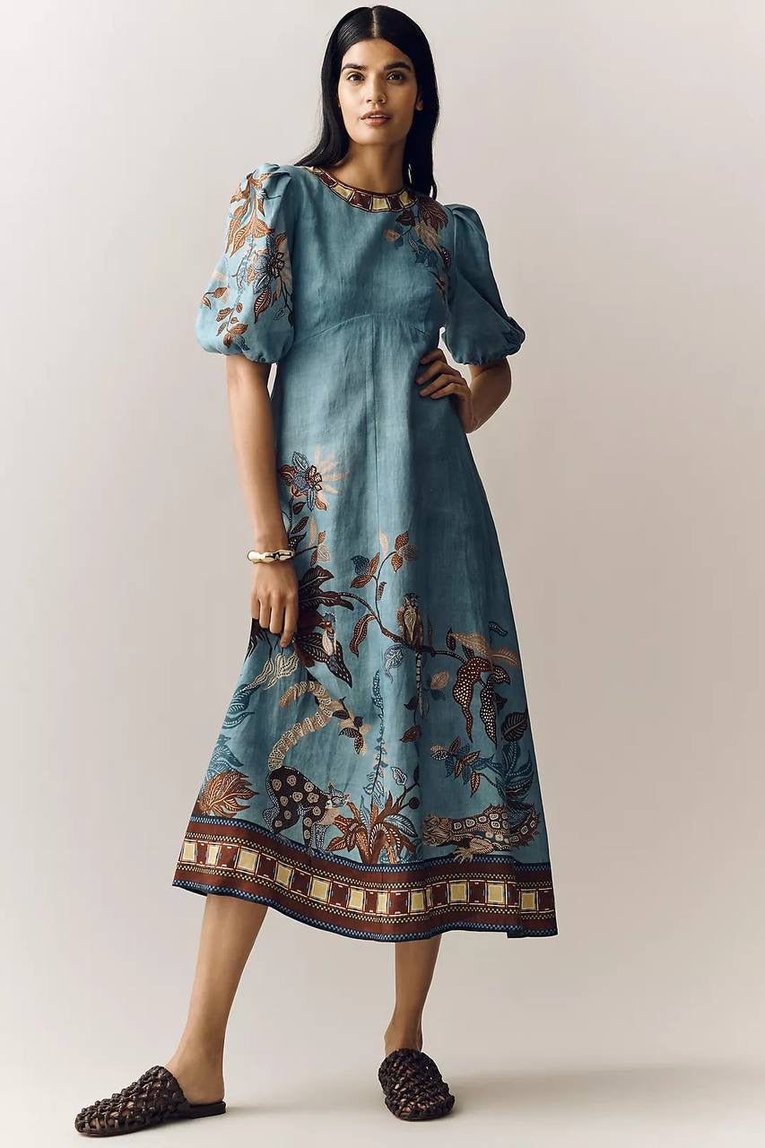 ALM Georgie Puff Sleeve Linen Midi Dress