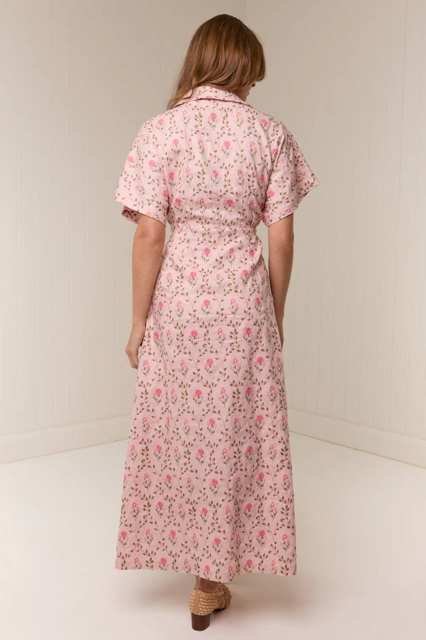PN Ava Linen-cotton Midi Maxi Dress in Luxembourg Tile Pink Floral
