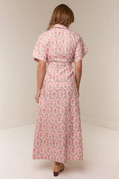 PN Ava Linen-cotton Midi Maxi Dress in Luxembourg Tile Pink Floral